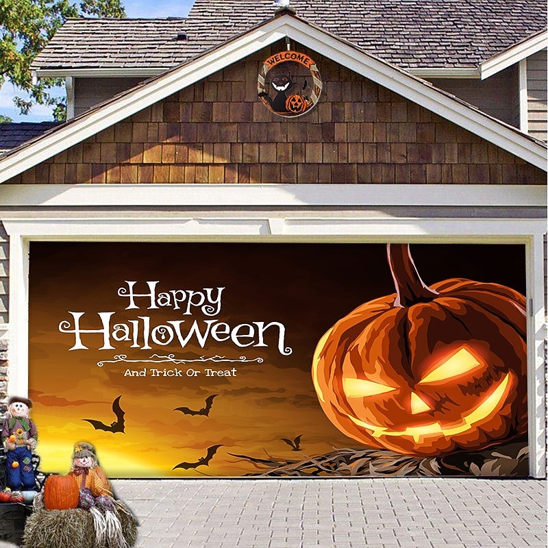 Halloween Door Decorations Halloween Garage Door Cover Pumpkins Jack O Lantern Outdoor Banner Ghost Bats Large Backdrop Decoration for Holiday Out door Decorations Door Home Wall Decorations 8