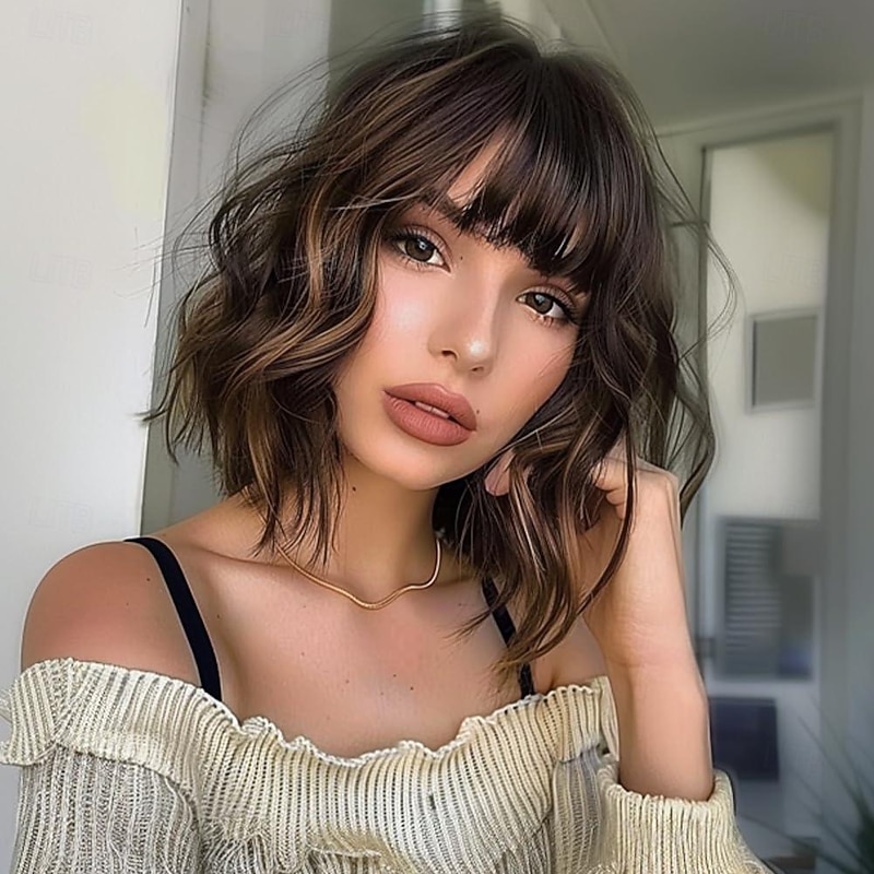 Short Brown Highlight Wigs for Women Ombre Dark Brown Mixed Gold Wig Highlights with Bangs Medium Length Synthetic Hair Wavy Bob Wig Colorful Wigs Halloween Wigs