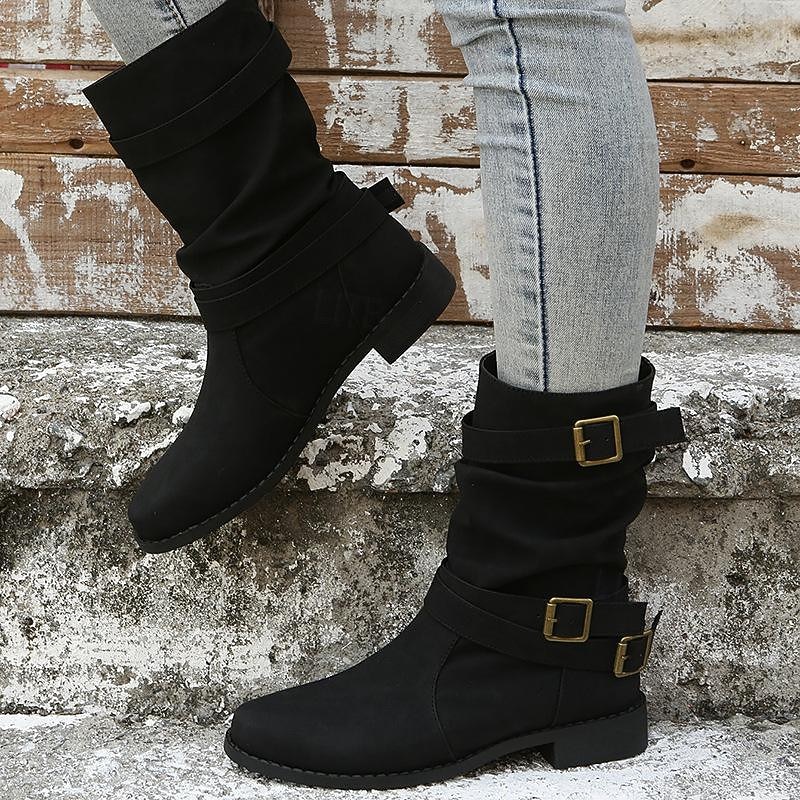 Women's Buckle Strap Slouch Mid-Calf Boots – Casual Flat Winter Outdoor Boots for Everyday Wear4