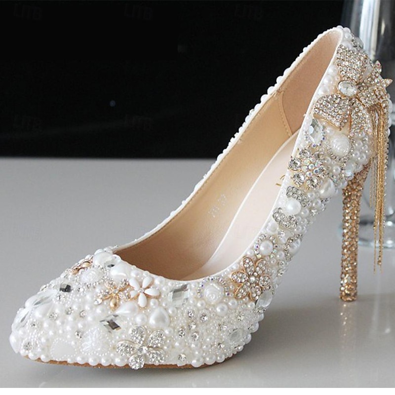 Elegant White Rhinestone and Pearl Bridal Heels for Women – Wedding Shoes with Crystal-Embellished Stiletto and Bow Detail3