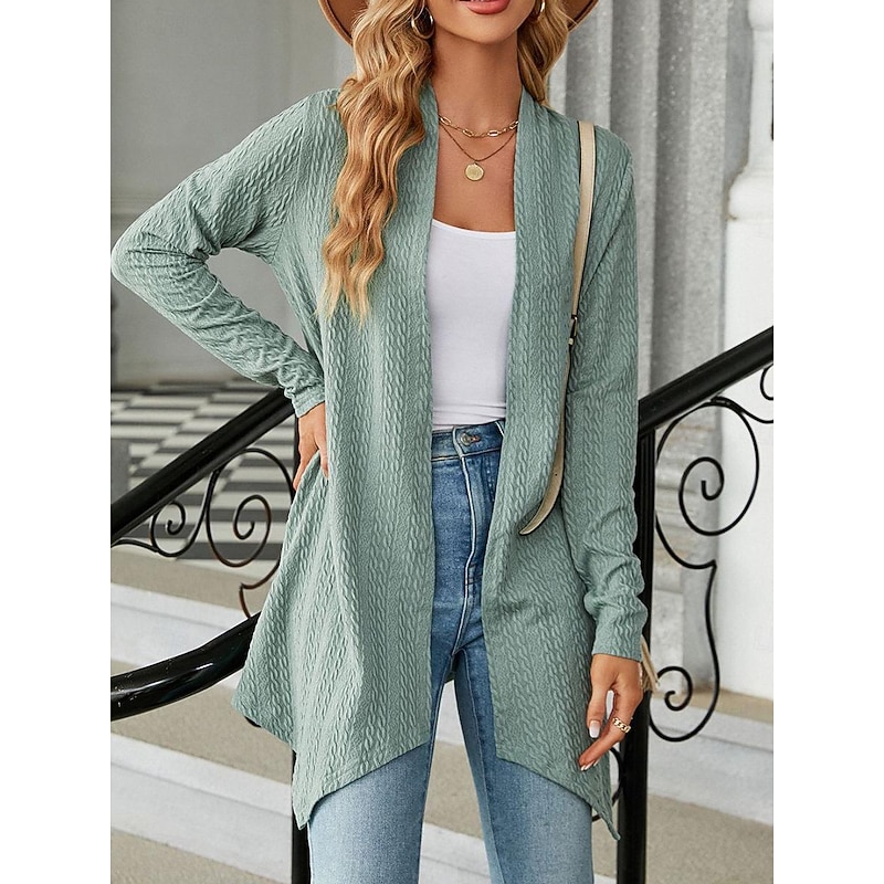 Women's Cardigan Elegant Casual Solid Color Plain Waffle Open Front Asymmetric Hem Long Sleeve Regular Tops Knit Daily Pink Green Spring Fall3