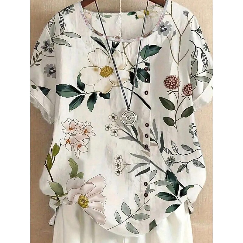 Women's Shirt Blouse Elegant Floral Print Short Sleeve Regular Tops Crew Neck Daily Linen Like Light Green Summer2