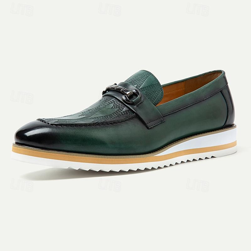 Men's Green Leather Loafers - Stylish Slip-On Dress Shoes with Metal Buckle Detail and White Sole for Business, Formal Events, and Casual Outings3