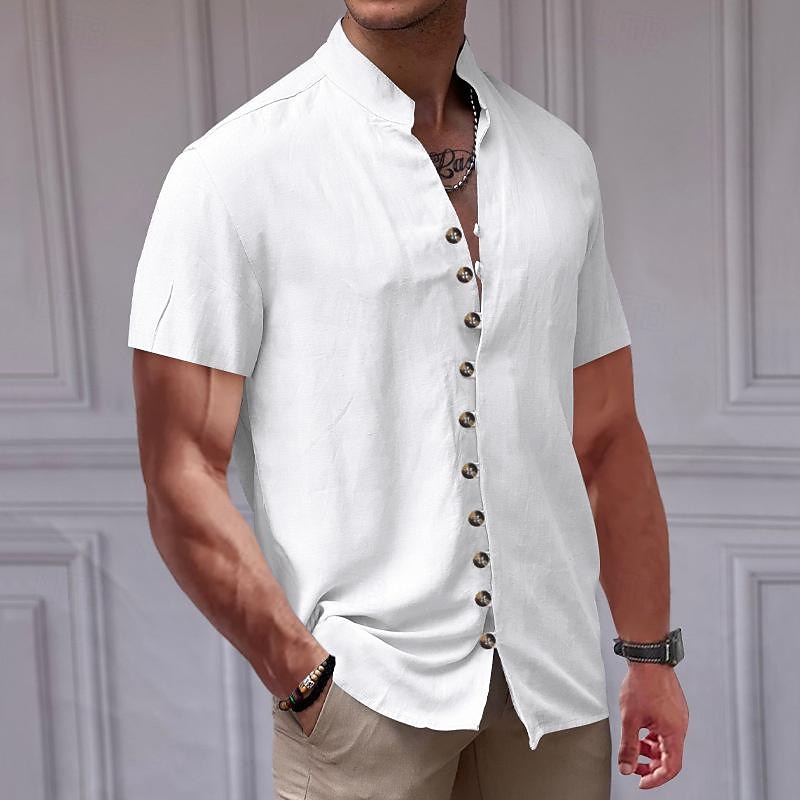 Men's Shirt Linen Shirt Chinese Collar Shirt Mandarin Collar Shirt Casual Shirt Button Up Shirt Plain Vacation Street Black White Pink Khaki Short Sleeve Grandad Collar Summer Clothing Apparel2