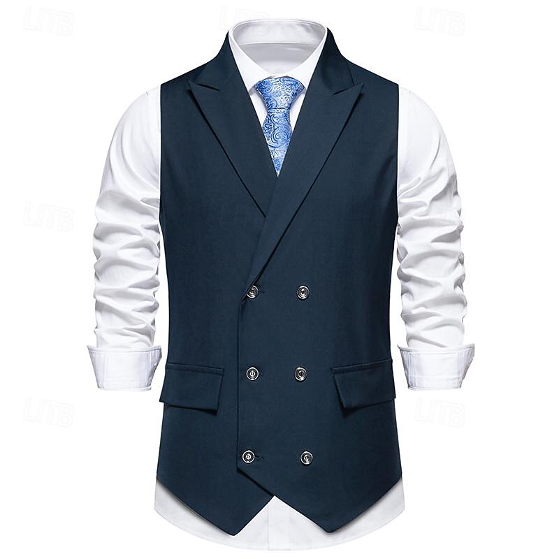 Men's Vest Gilet Daily Wear Vacation Going out Vintage Fashion Spring &  Fall Button Polyester Comfortable Plain Double Breasted Lapel Regular Fit Black Burgundy Dark Navy Vest2