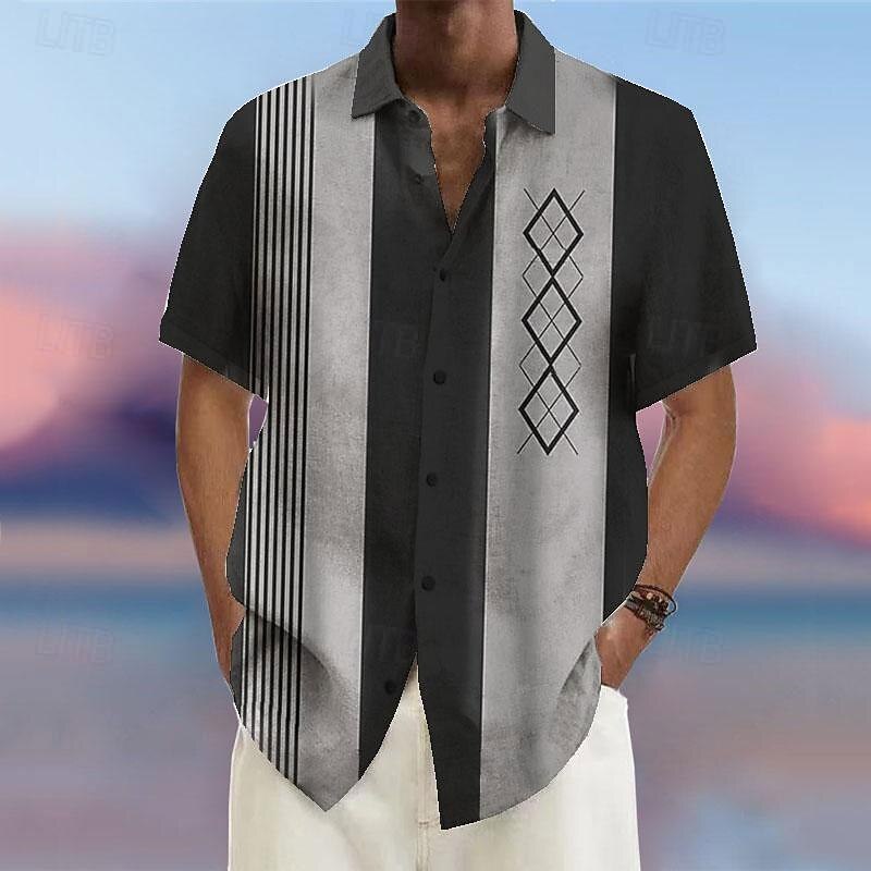 Men's Striped Geometric Pattern Geometry Shirt Bowling Shirt Button Up Shirt Short Sleeve Fashion Streetwear Designer Street Daily Going out Summer Spring Turndown Print Apricot Wine Blue Gray3