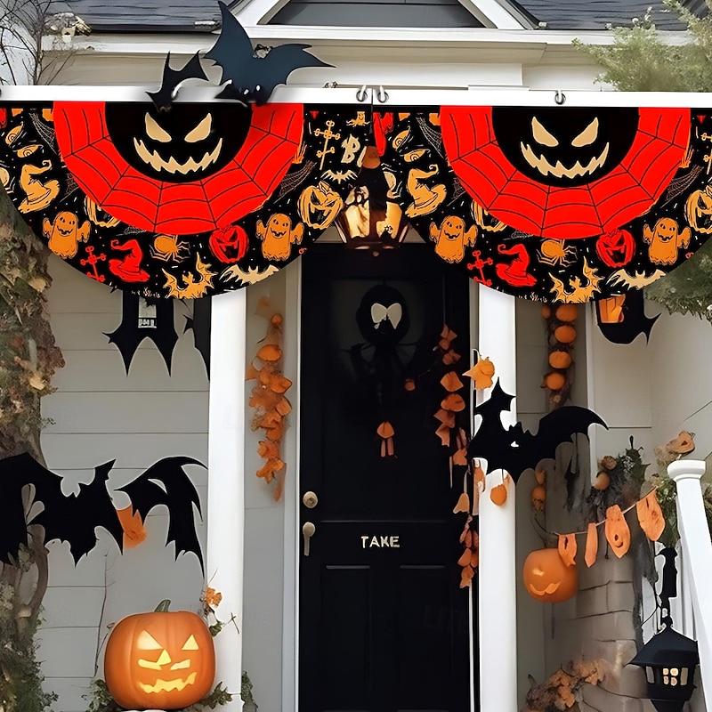 Halloween Decorations Flag Bunting Half Fan Flag Halloween Yard Hanging Bunting Flag Banner with Grommets for Porch Yard Outdoor Festival Patio Lawn Garden Party Decor