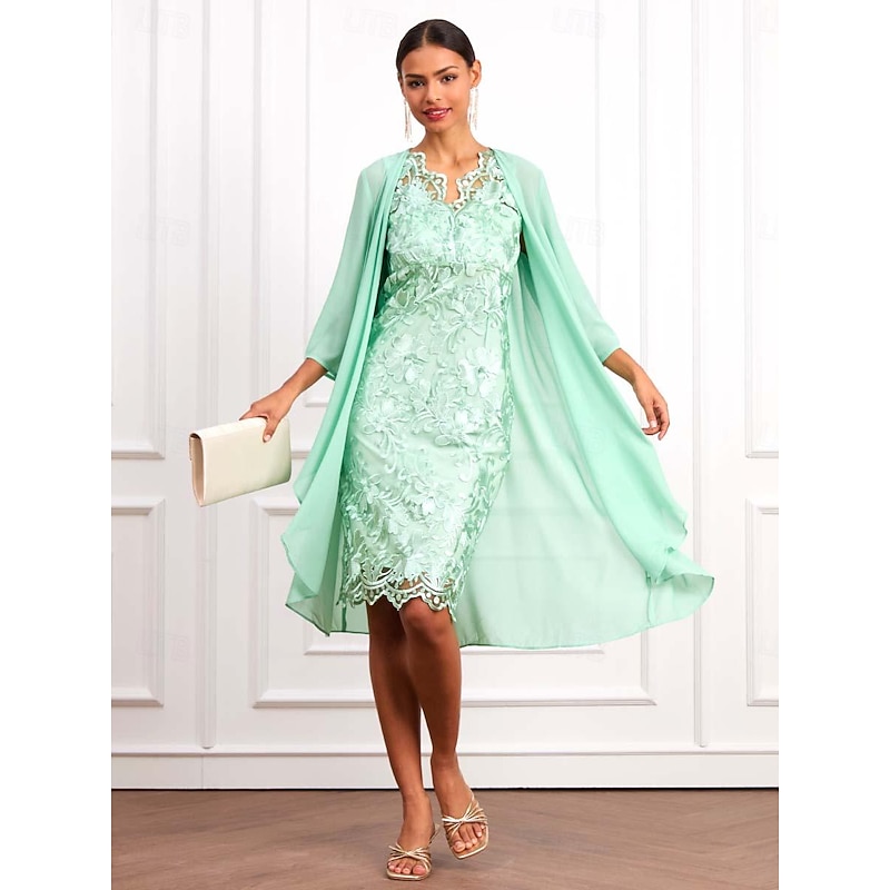 Women's Wedding Guest Cocktail Dress Set Chiffon Lace V Neck 3/4 Length Sleeve Mini Dress Party Elegant Formal Light Green Summer Spring 10