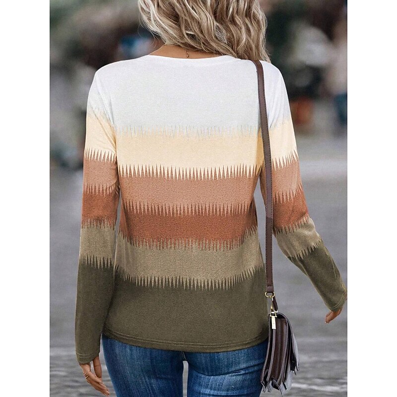 Women's T shirt Crew Neck Long Sleeve Tunic Casual Color Block Print Regular Tops Daily Blue Purple Brown Spring Fall2