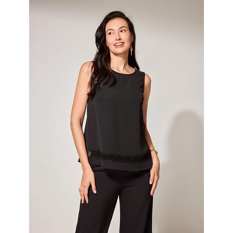 Women's Blouse Solid Color Stylish Modern Sleeveless Crew Neck Work Lace Eyelet Black Summer Spring Fall3