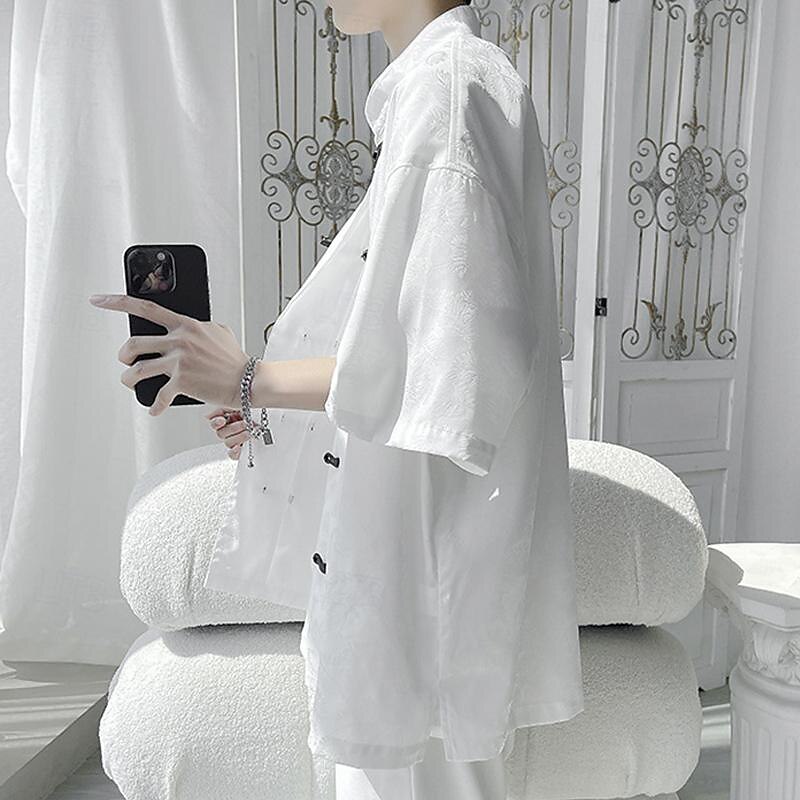 Men's Shirt Chinese Collar Shirt Mandarin Collar Shirt Summer Shirt Casual Shirt Beach Shirt Black White Short Sleeve Plain Mandarin Collar Vacation Holiday Embroidered Clothing Apparel Polyester 9