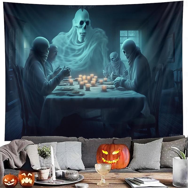 Halloween Decorations Ghosts Dinner Hanging Tapestry Wall Art Large Tapestry Mural Decor Photograph Backdrop Blanket Curtain Home Bedroom Living Room Decoration Pumpkin Haunted House3