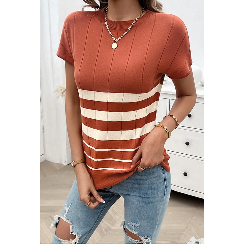 Women's Tunic Color Block Stylish Casual Short Sleeve Crew Neck Daily Print Maroon Black Khaki Summer Spring Fall