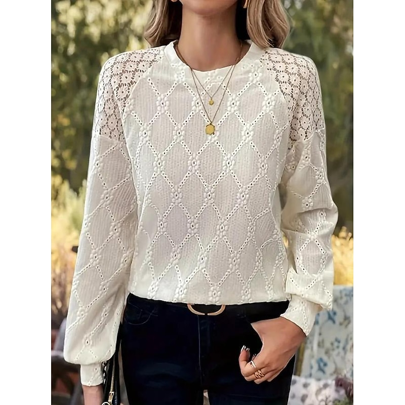 Women's Blouse Elegant Lace Eyelet Long Sleeve Crew Neck Daily Beige Summer