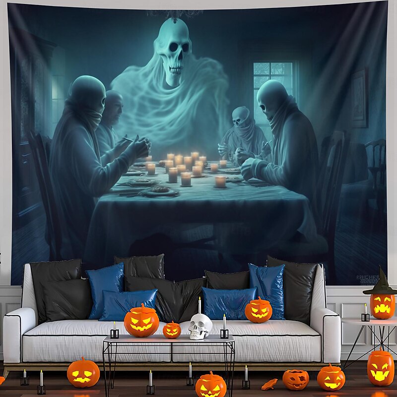 Halloween Decorations Ghosts Dinner Hanging Tapestry Wall Art Large Tapestry Mural Decor Photograph Backdrop Blanket Curtain Home Bedroom Living Room Decoration Pumpkin Haunted House4