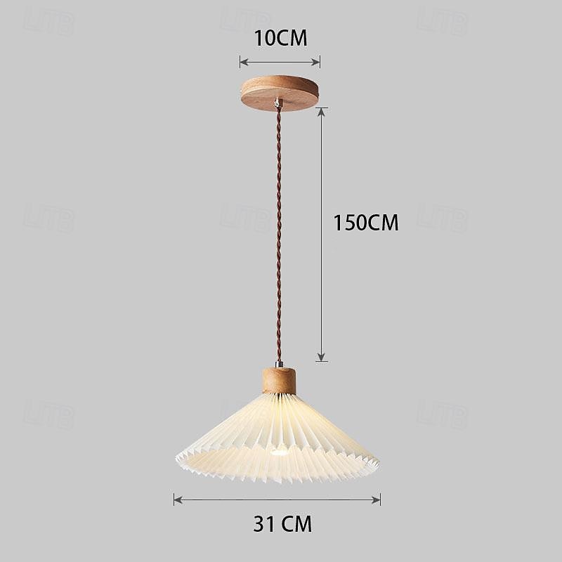 Nordic Style Wood Pendant Light with White Pleated Fabric Shade - Wooden Single Suspension Lamp Ceiling Hanging Lighting Fixture Kit, Chandeliers for Kitchen Island Dining Room 85-265V4