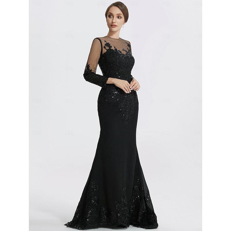 Mermaid Black Dress Evening Gown Sequin Prom Dress Sparkle Formal Gown Sweep / Brush Train Long Sleeve Illusion Neck Lace with Appliques dress to impress2