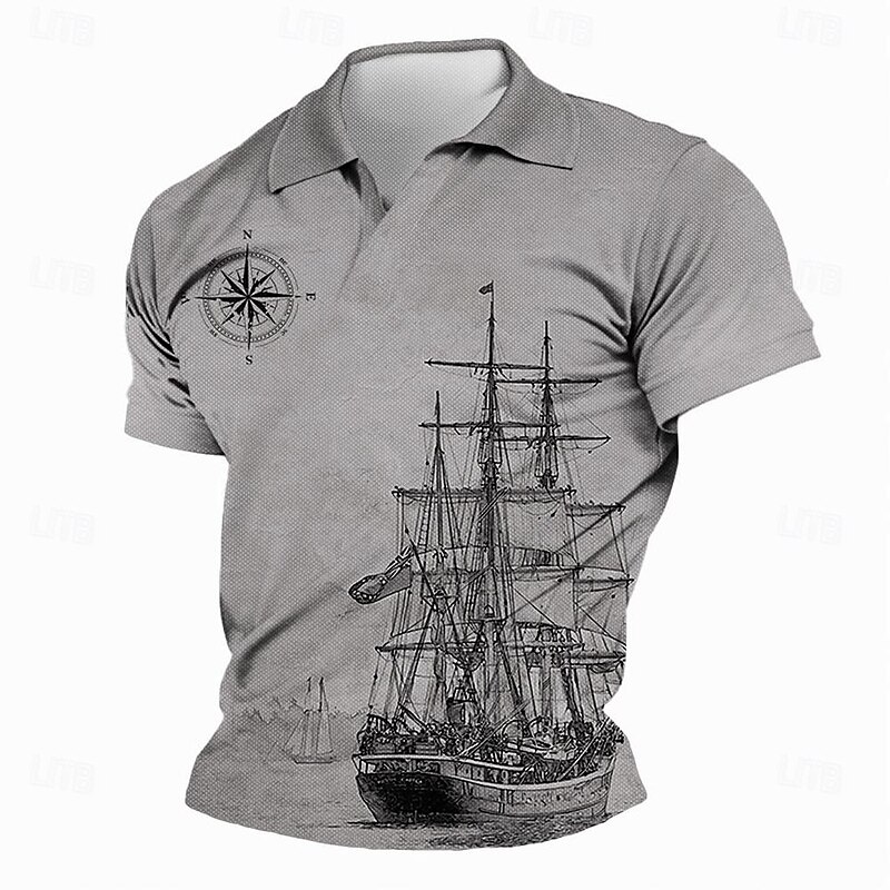 Music Festival Men's Nautical Polo Shirts Golf Shirt Short Sleeve Polo Shirts V Neck Vacation Wear Boat Wear Party Outfits 3D Print Spring & Summer Gray