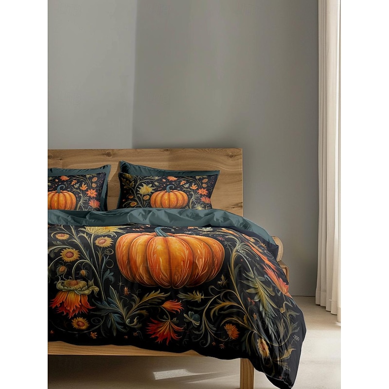 Halloween Autumn Pumpkin Duvet Cover Set - Includes Duvet Cover and Pillowcases - Festive and Cozy Design - Soft and Comfortable Fabric - Perfect for Halloween and Fall Home Decor