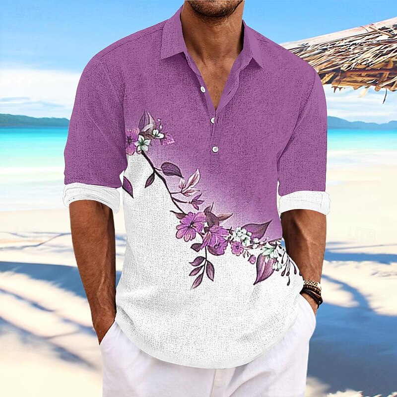 Men's Floral Button Up Shirt Henley Shirt Long Sleeve Hawaiian Resort Outdoor Casual Summer Spring Fall Turndown Red Blue Purple2