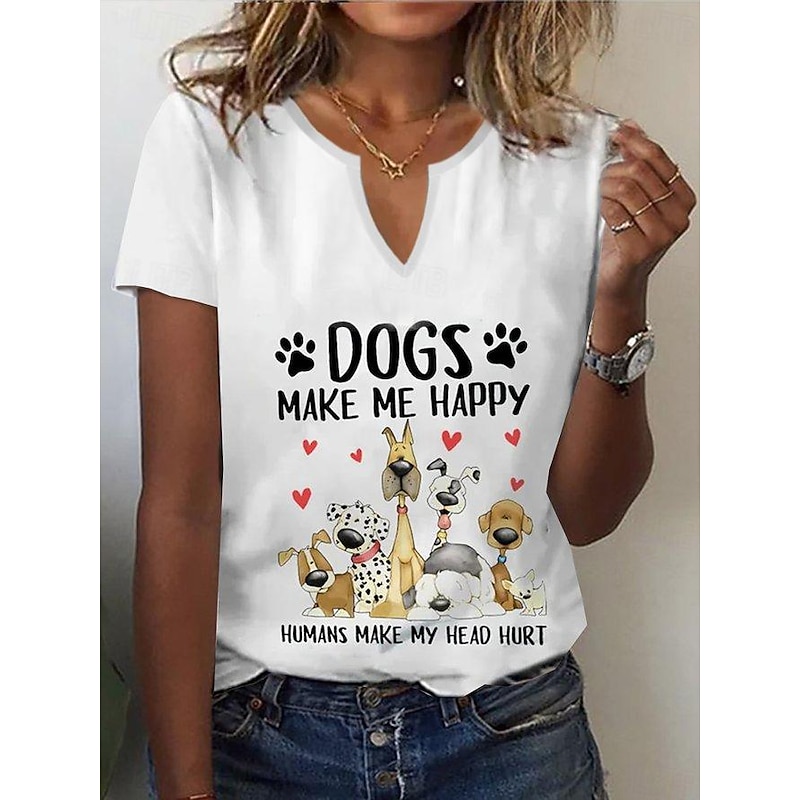 Women's T Shirt Henley Shirt Basic Dog Letter Print Short Sleeve Regular Tops Round Neck Daily Weekend Black White Red