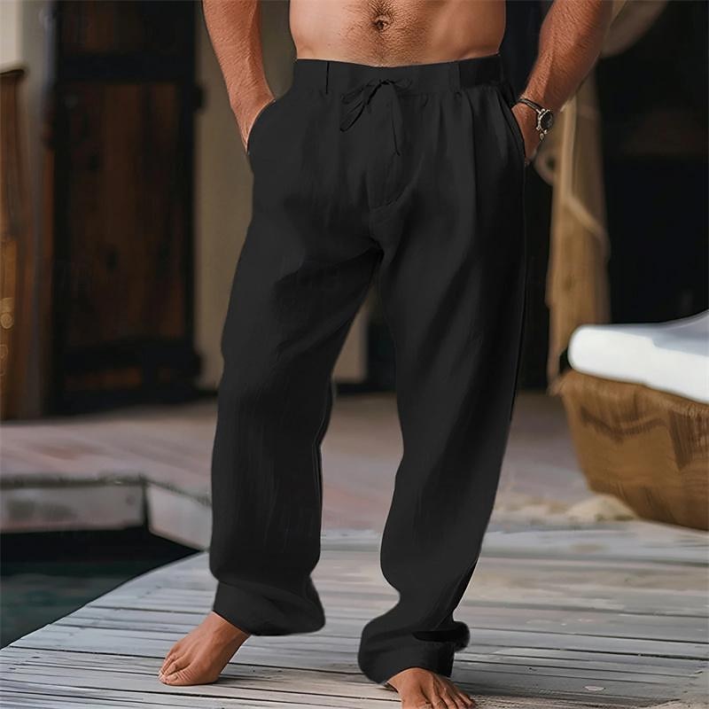 Men's Trousers Summer Pants Beach Pants Drawstring Pleats Straight Leg Plain Comfort Breathable Casual Daily Holiday Fashion Classic Style Black White4