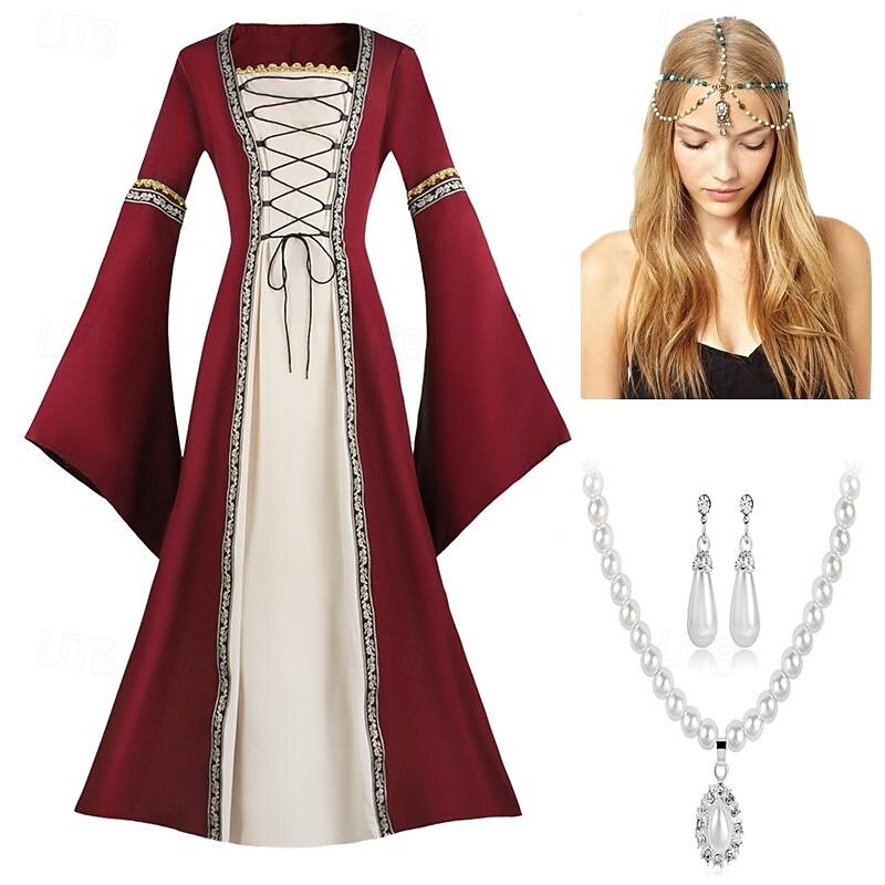 Vintage Inspired Party Costume Masquerade Solid Color Square Neck Fancy Dress Women's Celtic Fantasy Halloween Carnival Casual Daily Party / Cocktail Adults' Dress Earrings Necklace All Seasons2