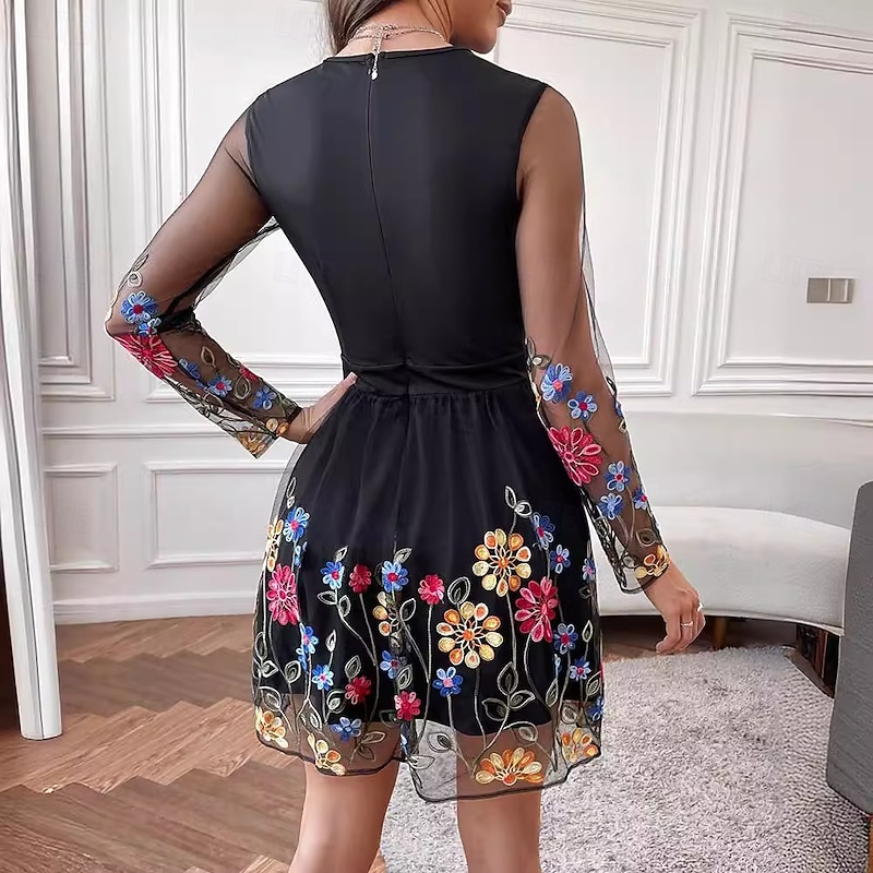 Women's Mini Dress Black Dress Cocktail Dress Formal Dress A Line Dress Elegant Wedding Guest Cocktail Party Slim Floral Long Sleeve Crew Neck Black Summer Spring Fall2