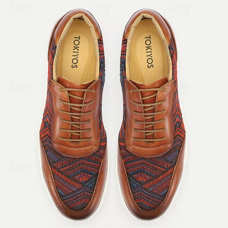 Men's Brown Leather Sneakers with Red and Blue Woven Pattern - Stylish and Comfortable Lace-Up Casual Shoes for Everyday Wear4