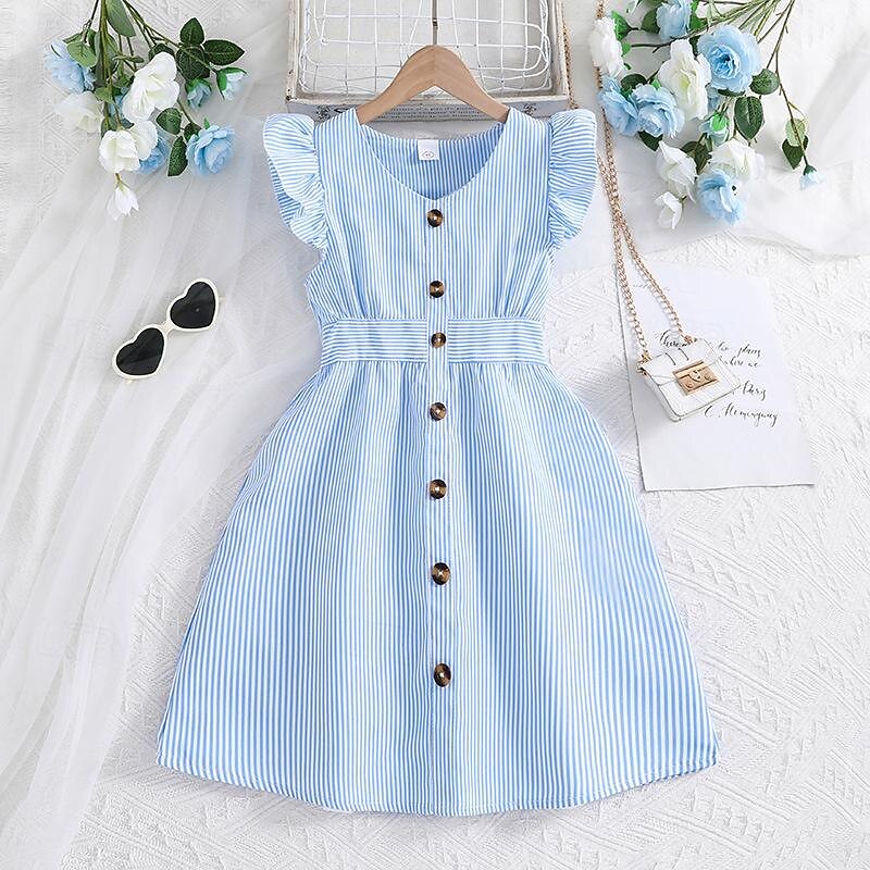 Girls' 3D Striped Dress Ruffle Dress Sleeveless Summer Vacation Daily Holiday Princess Beautiful Sweet Kids 4-12 Years Casual Dress A Line Dress Knee-length Regular Fit3