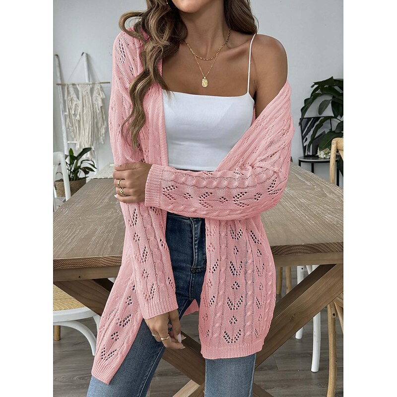 Women's Cardigan Coat Casual Solid Color Ribbed Open Front Knitted Long Sleeve Regular Tops Knit Daily Black White Spring Fall3