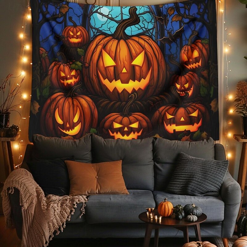 Halloween Decorations Hanging Tapestry Stained Glass Pumpkin Bat Wall Art Large Tapestry Mural Decor Photograph Backdrop Blanket Curtain Home Bedroom Living Room3
