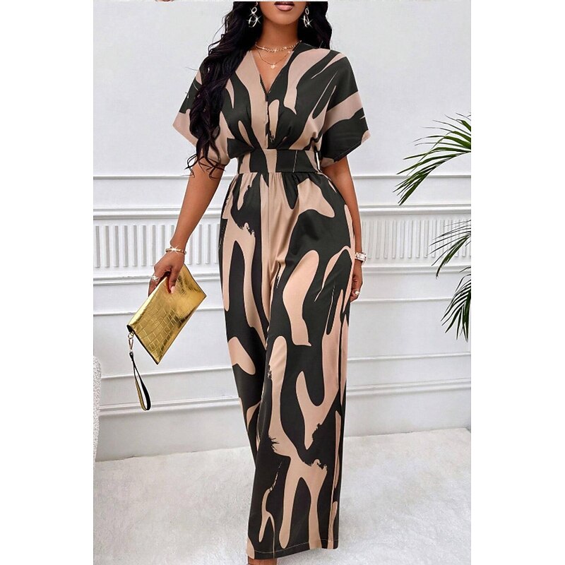 Women's Normal Jumpsuit Elegant Color Block Short Sleeve Butterfly Sleeve V Neck Print Work Daily Regular Fit White Orange Brown Summer2