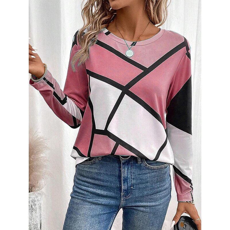 Women's T shirt Crew Neck Long Sleeve Tunic Casual Color Block Print Regular Tops Daily Pink Navy Blue Blue Purple Spring Fall4