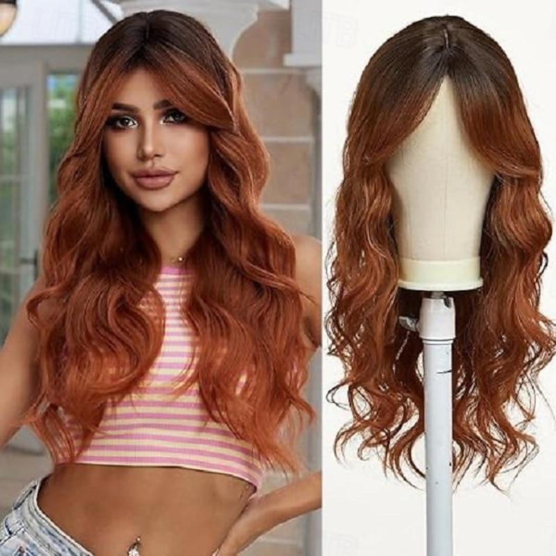 Long Curly Blonde Wig for Women Synthetic Hair with Bangs Wave Wigs with Dark Roots Daily Cosplay High Density Heat Resistant Halloween Wigs