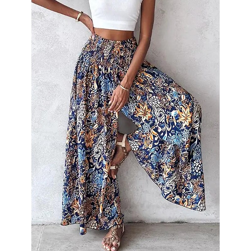Women's Wide Leg Pants A Line Print Floral Boho Black Summer2