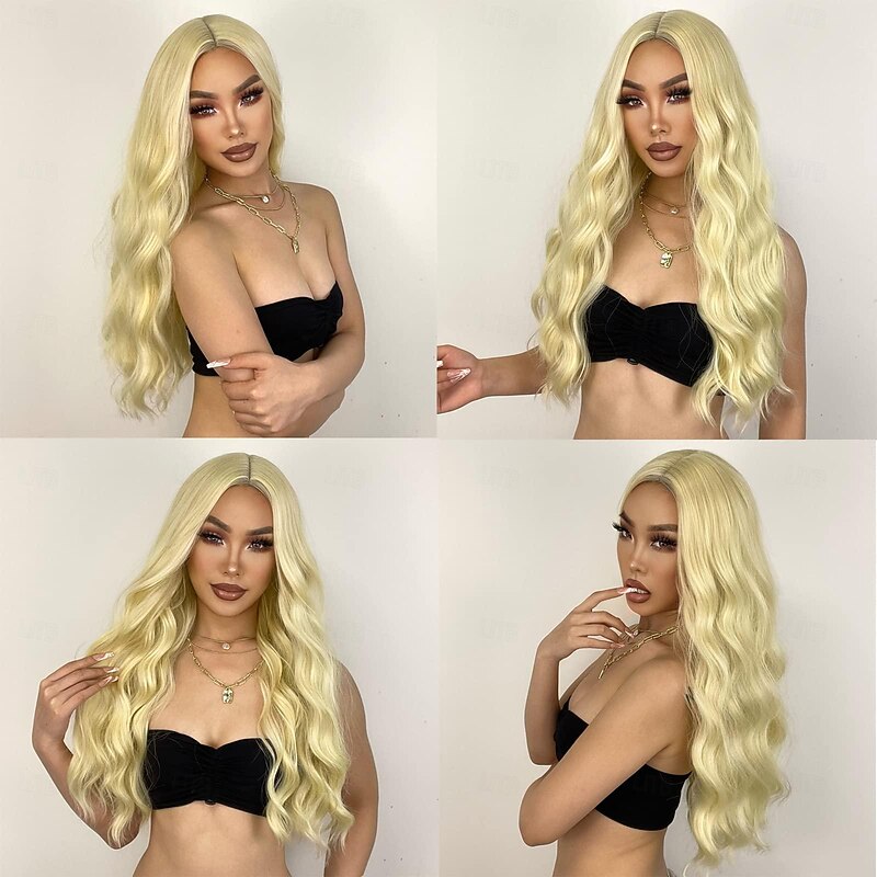 Blonde Wig - Long Blonde Wavy Wigs for Women Middle Part Wigs  No Lace 26 inch Natural Curly Synthetic Wig Heat Resistant Fiber Wigs for Daily Party Use Halloween Wigs2