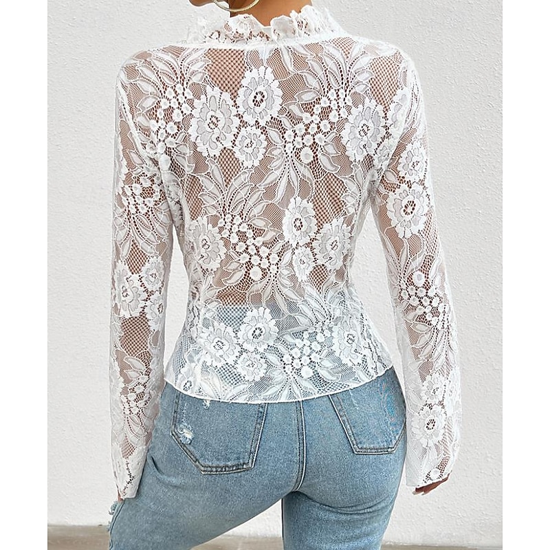 Women's Solid Color Plain Stylish Long Sleeve Causal Lace Water Blue Black White Pink Spring Fall2