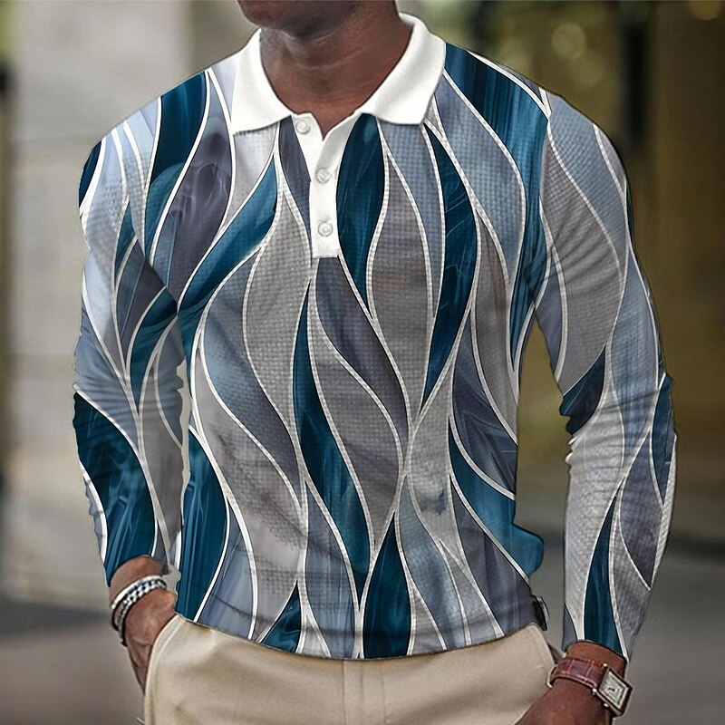 Men's Waffle Polo Shirts Golf Shirt Long Sleeve Polo Shirts Collared Shirts Vacation Wear Formal Wear Festival Wear Buttons 3D Print Summer Blue