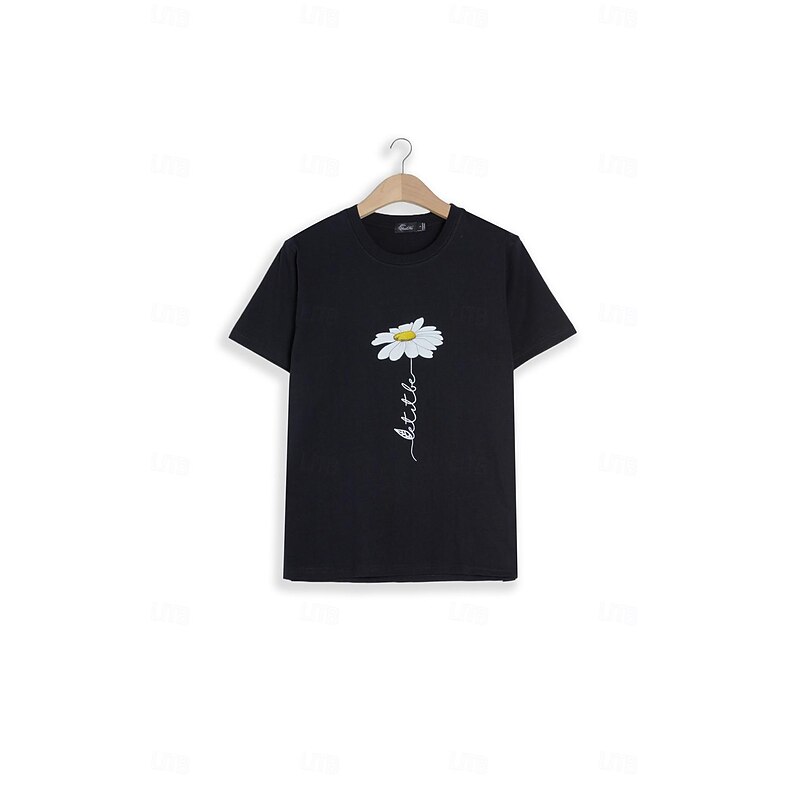 Women's T shirt Tee 100% Cotton Black White Yellow Graphic Daisy Print Short Sleeve Daily Going out Basic Round Neck Regular 100% Cotton Floral S3