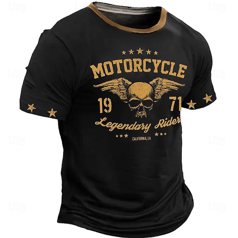 Men's Skull Motorcycle T Shirt Short Sleeve T shirt 3D Print Crew Neck Shirt Retro Vintage Western Style Street Casual Bar Black Red Blue Spring & Summer Clothing Apparel S M L XL 2XL 3XL