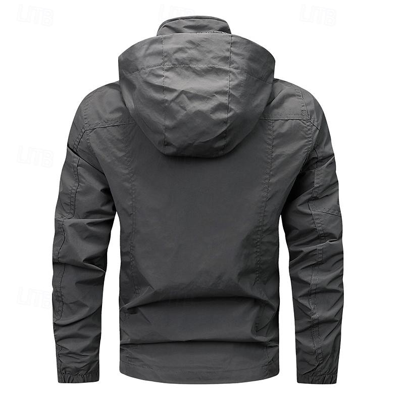 Men's Outdoor Jacket Transition Jacket Hiking Removable Multiple Pockets All Seasons Plain Casual Hooded Regular Black Khaki Dark Blue Gray Jacket 9