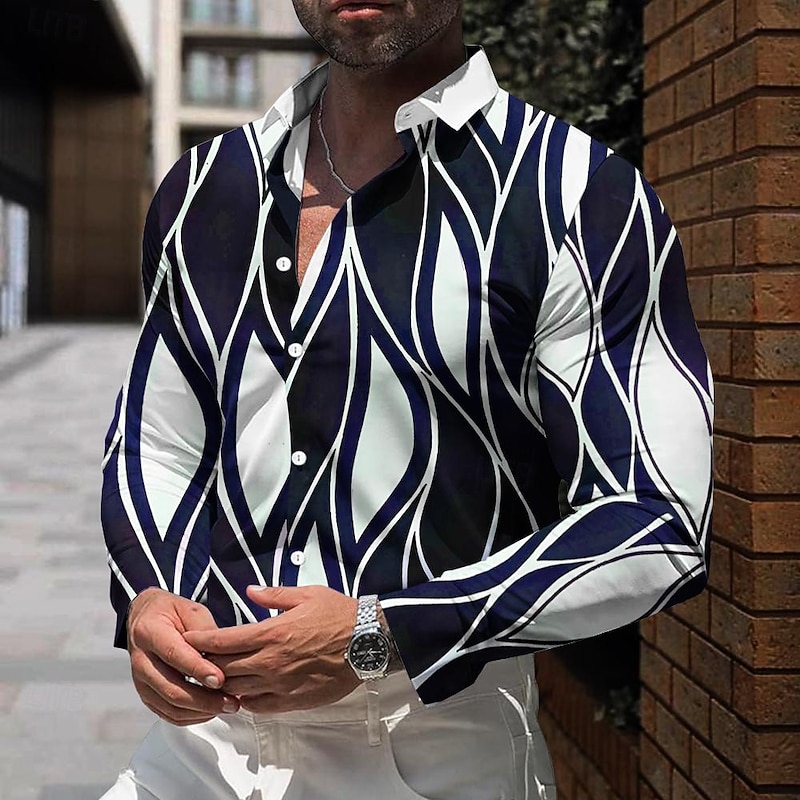 Men's Striped Geometric Pattern Shirt Dress Shirt Button Up Shirt Long Sleeve Business Casual Daily Fall Winter Spring & Summer Turndown Button Up 3D Print Black Blue Green3