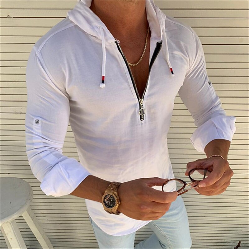 Men's Shirt Summer Shirt Casual Shirt Beach Shirt Black White Long Sleeve Plain Hooded Hawaiian Holiday Zipper Clothing Apparel Fashion Casual Comfortable2