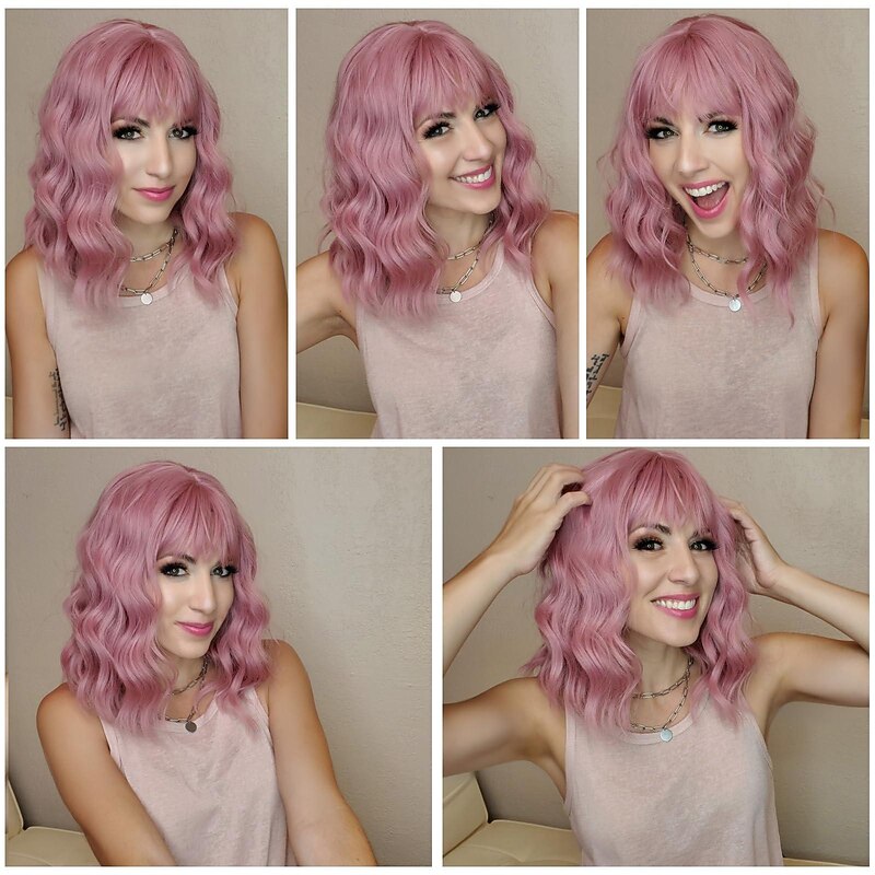 Wig with Bangs for Women Short Bob Wavy Curly Wig Pastel Hair Wigs Heat Resistant Halloween Cosplay Party Wigs2