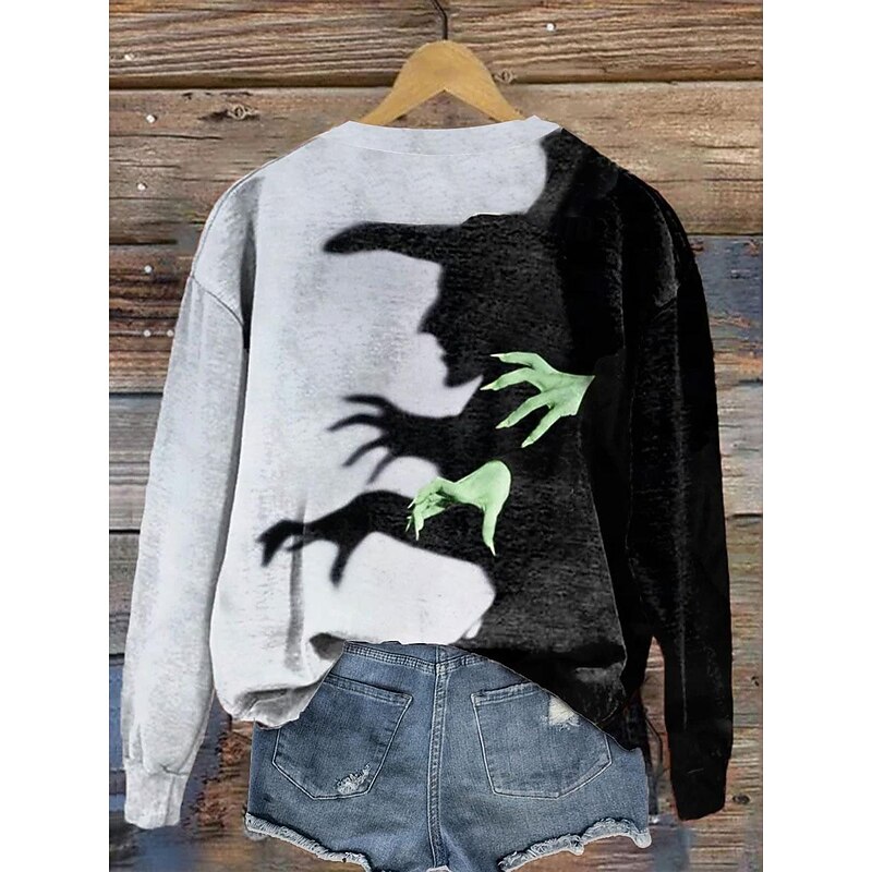 Halloween Women's T Shirt Color Block Casual Long Sleeve Crew Neck Regular Tops Daily Print Purple Green Gray Spring Fall & Winter2