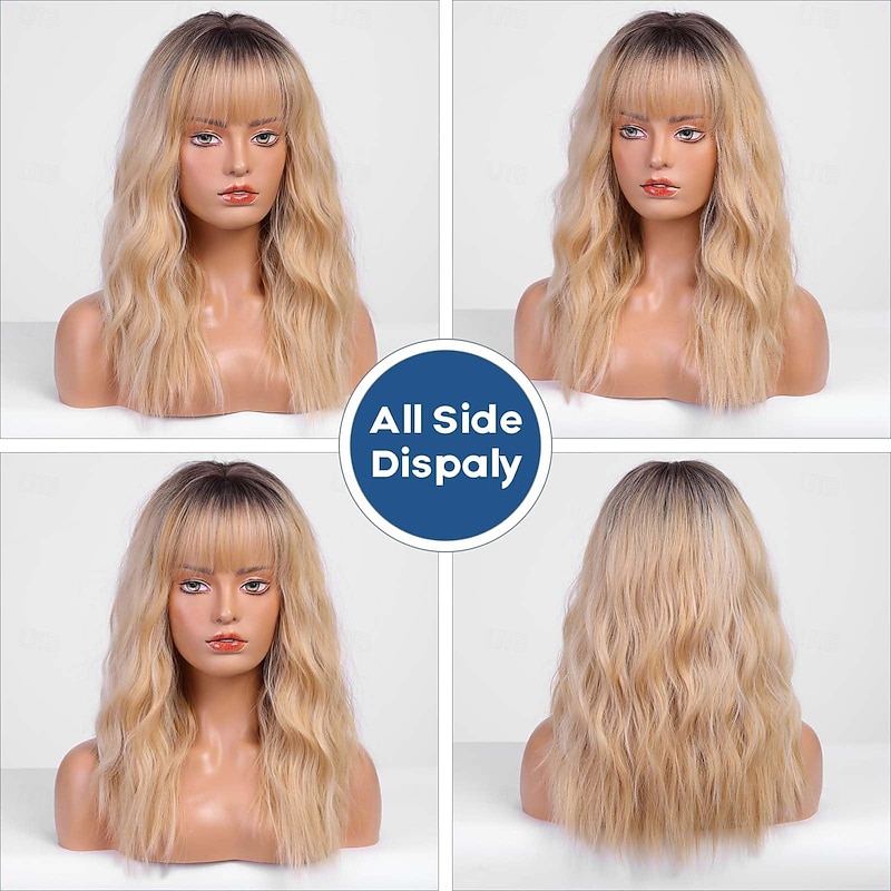 Blonde Curly Wigs With Bangs,Ombre Blonde Curly Wigs for Women Heat Resistant Synthetic Wigs Fashion Women Classic Blonde Halloween Wigs4