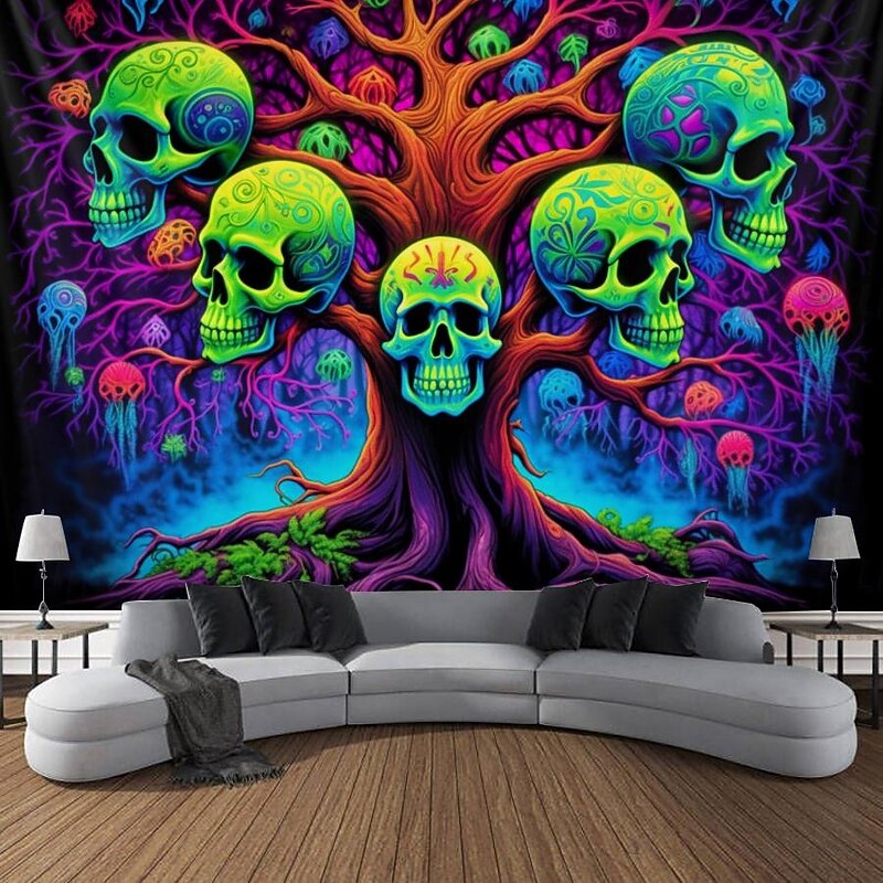 Blacklight Tapestry UV Reactive Glow in the Dark Tree of Skulls Trippy Mountain Misty Hanging Tapestry Wall Art Mural for Living Room Bedroom3