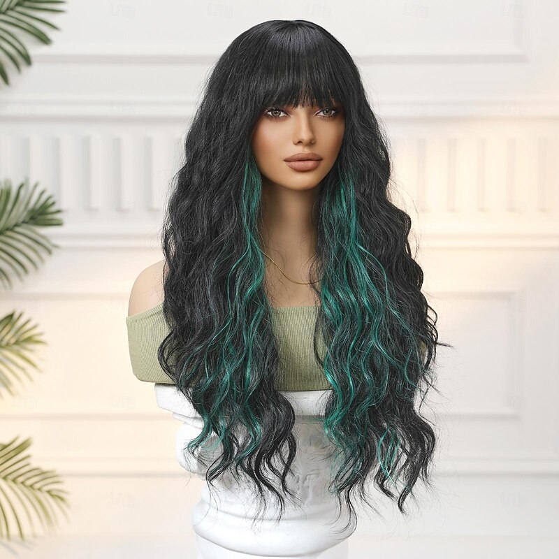 Synthetic Wig Uniforms Career Costumes Princess Curly Wavy Middle Part Layered Haircut Machine Made Wig 26 inch Black / Green Synthetic Hair Women's Cosplay Party Fashion Green3