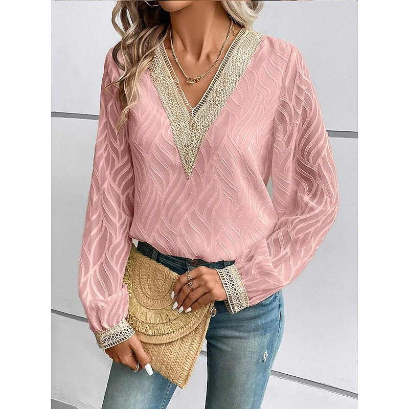 Women's Blouse Dressy Tops Elegant Stylish Solid Color Lace Flutter Sleeve Long Sleeve Regular Tops V Neck Party Daily Black Pink Beige Summer Spring Fall4